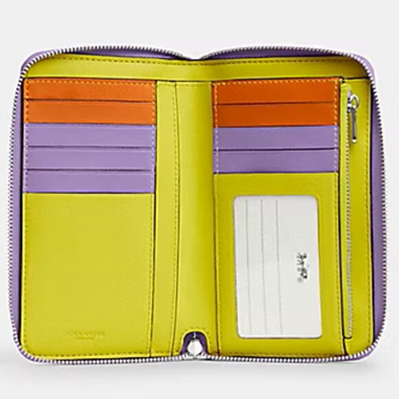 Coach Wallet Neon Colorblock ID Card Zip Brown Purple Iris Signature CL684 NEW - Picture 2 of 16